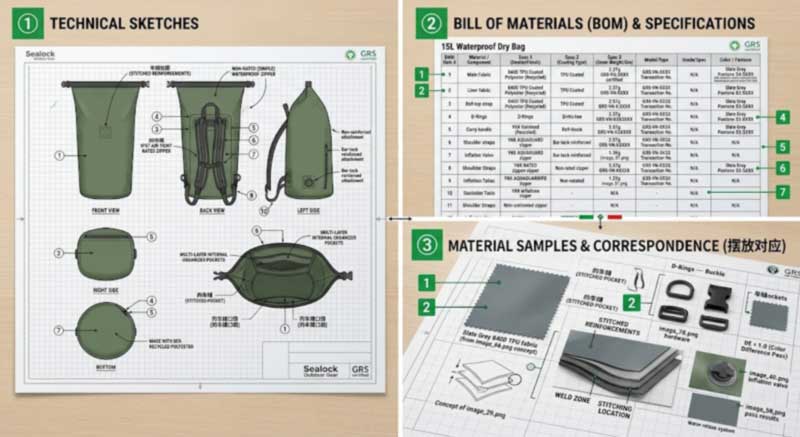 Wie schreibe ich ein Tech Pack für eine wasserdichte Tasche?