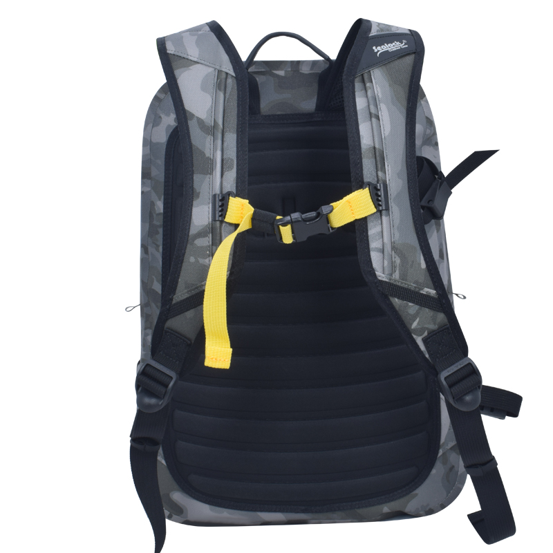 channelled padded back panel and harness on waterproof backpack