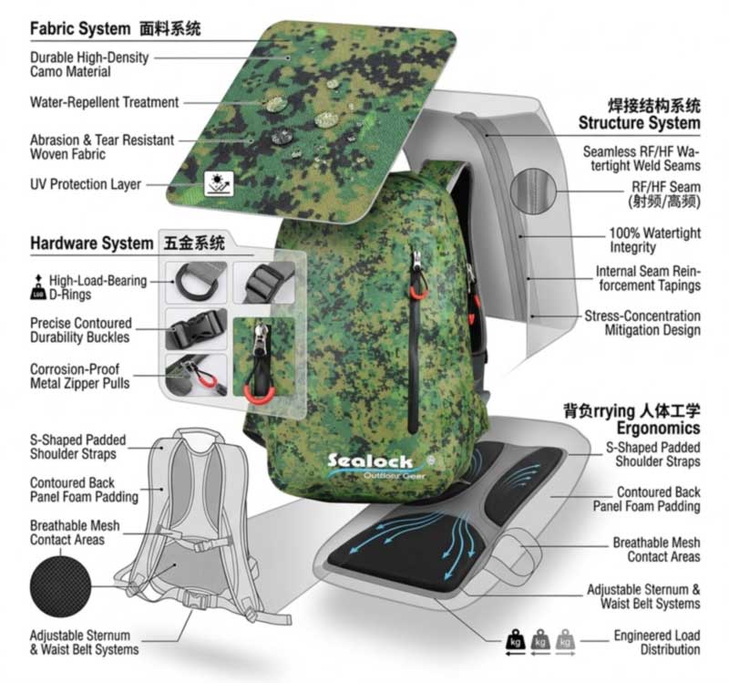 Evaluating a waterproof backpack supplier — a load-bearing system of fabric, welded structure, hardware and ergonomics against a capability checklist