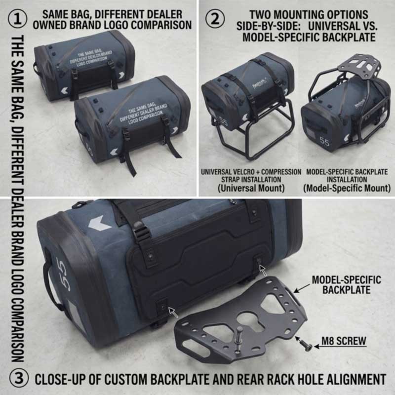 Distributor own-brand motorcycle luggage — same platform under different labels, universal strap mounting versus bike-specific backing plate fitment