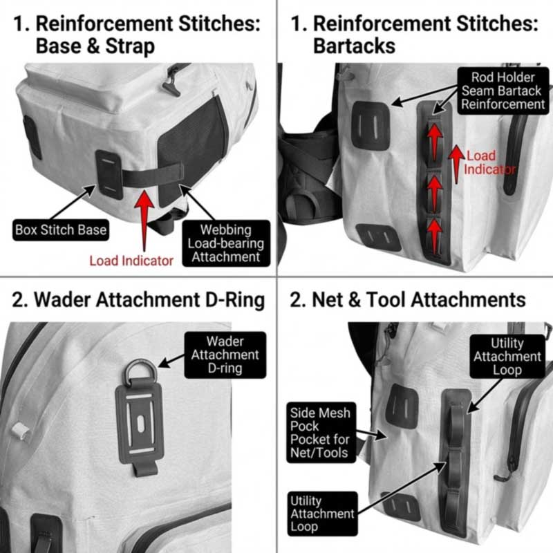 External rod tube straps, box-stitched base and bartacked rod-holder seams, hydration sleeve with hose port, and wader loops with tool attachment